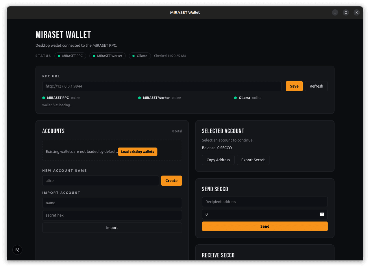 MIRASET Wallet desktop application screenshot showing accounts, worker status, and inference job submission